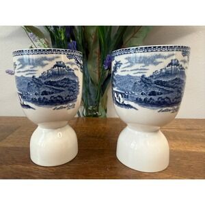 Vintage Johnson Brothers Blue Double‎ Egg Cups Ludlow & Nottingham Castle Set